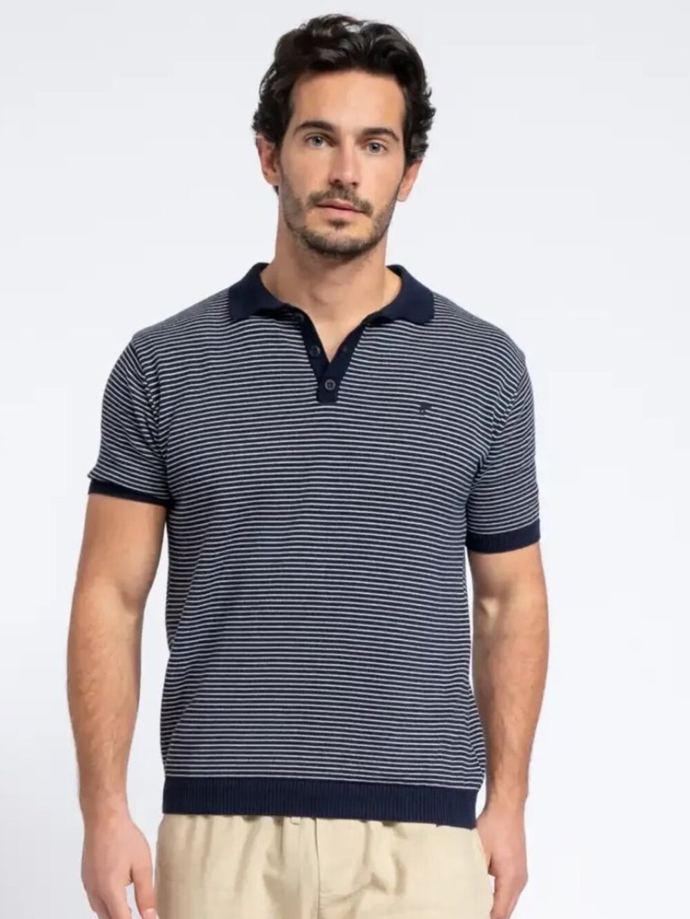 SMF Navy Stripe Knit Short Sleeve Button Up Polo